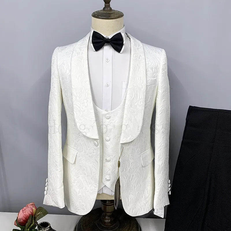 Hot Selling Men Suits Pattern and Black Groom Tuxedos Shawl Satin Lapel Groomsmen Wedding Best Man ( Jacket+Pants+Vest+Tie) C691