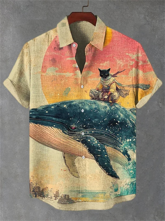Men's Fun Black Cat Warrior Art 3D Animal Printed Casual Shirt Summer Men's Short sleeved Shirt Hawaiian Top