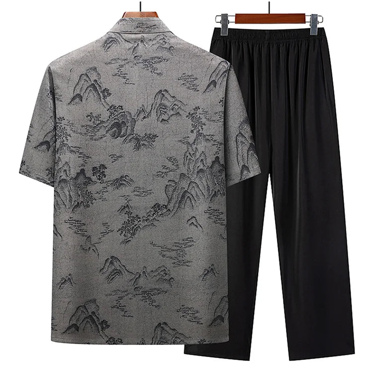 (Shirt + trousers) 2025 summer new fashion men shirt short sleeve shirts mens sets High quality shirts male Two Piece M-4XL