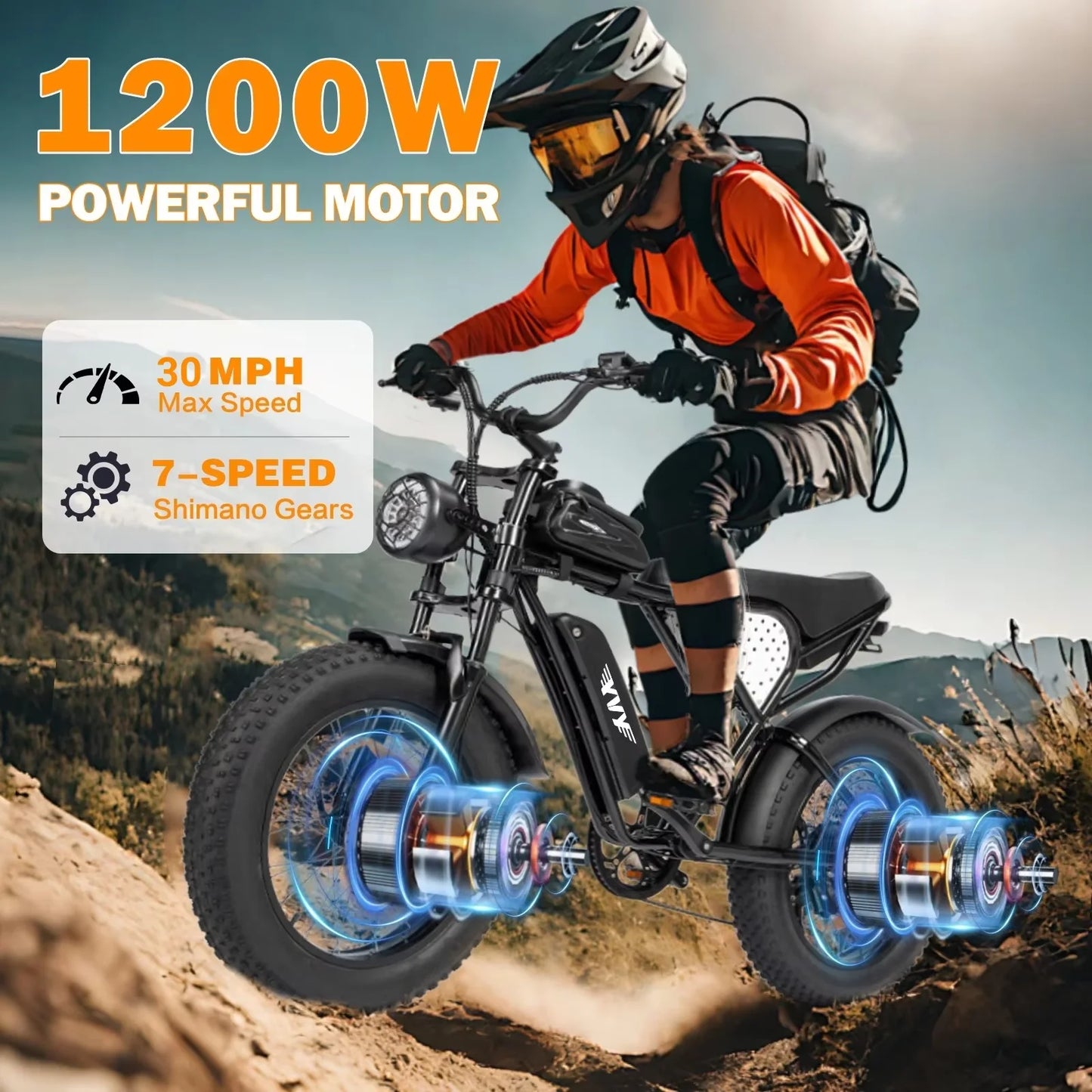 YVY Electric Bike for Adults 1200W 48V 15.6Ah Teens Off-road Touring City Trail 20*4 Inch Fat Tire Snow City Commuter EBike