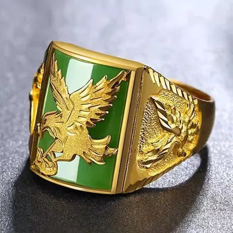 Men's Eagle Ring Embedded Agate Imitation Gold Plating Sand Gold Live Broadcast Ring Geometric Style Retro Fashion Jewelry