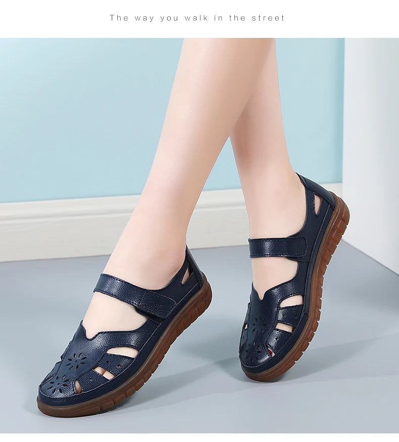 Sandals Summer Breathable Leather Slippers Women Fashion Non-Slip Casual Roman Shoes Ladies Sandals on Sale Off White Shose