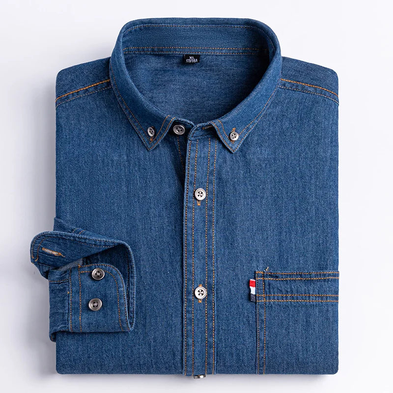 New men's long-sleeved shirt 100% cotton denim spring/summer casual non-ironing high quality breathable plus size solid color
