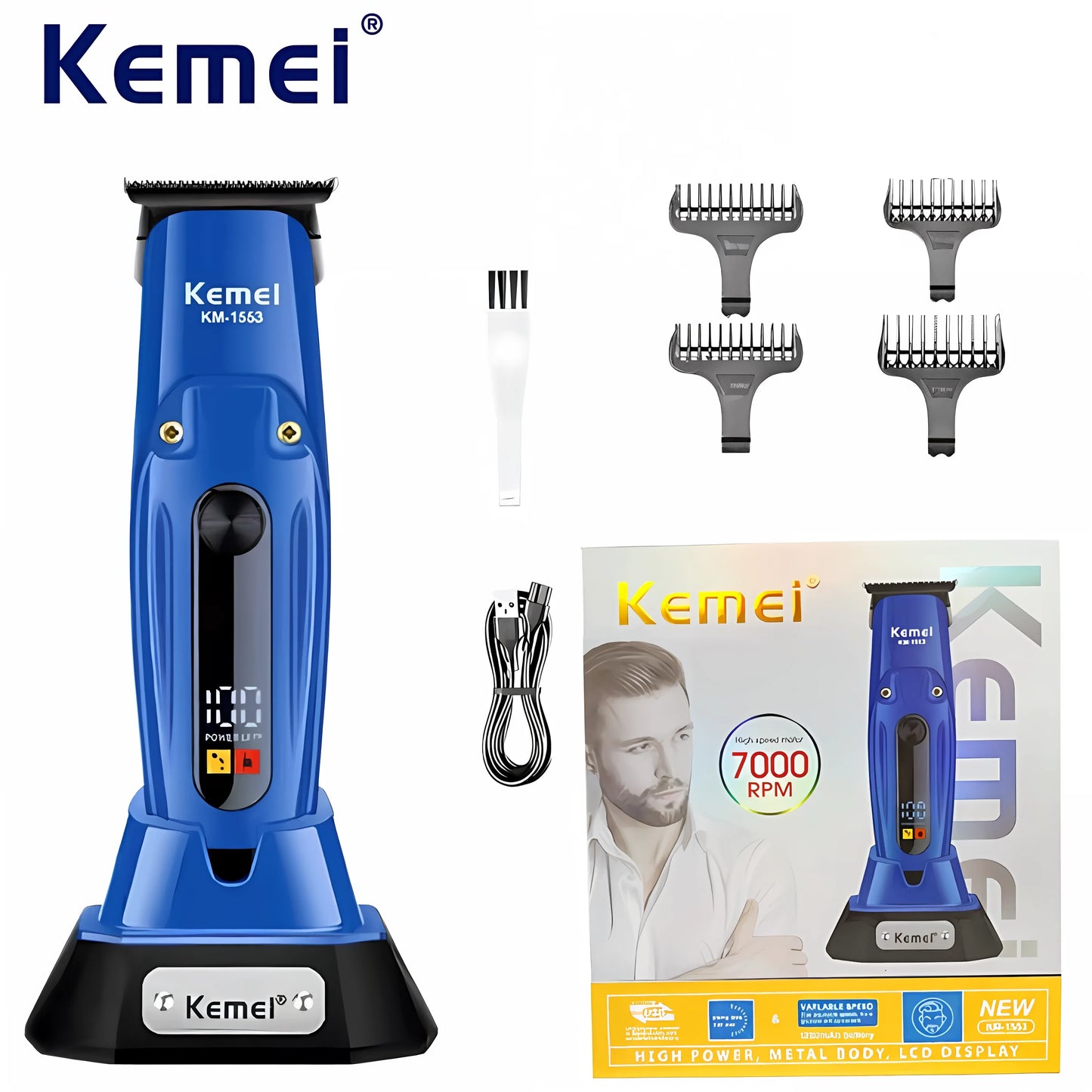 Kemei KM-1553 High Quality Men's Adult Cordless Hair Clipper with LED Display Barber Clipper Salon USB Charging Wet & Dry