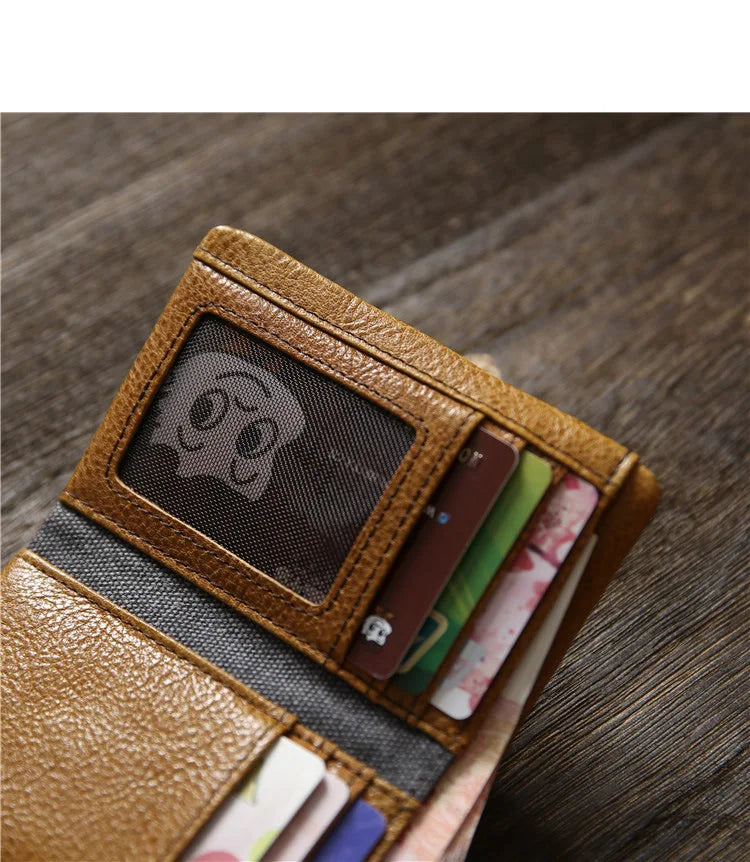 2025 Handmade Wallet Men's Short Leather Triple Fold Money Clip Cowhide Youth Buckle Student Vertical Vegetable Tanned Leather