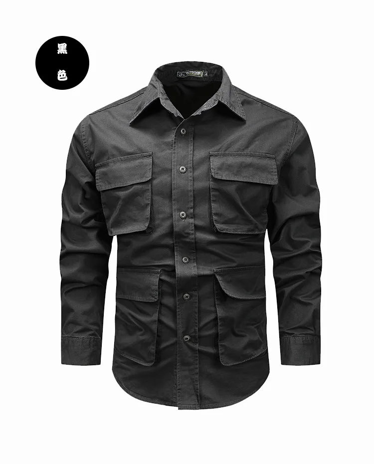 2025 new new men's long-sleeved shirt autumn and winter youth casual overalls fashion trend solid color shirt top