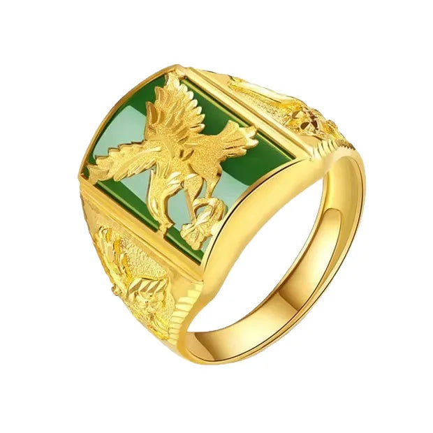 Men's Eagle Ring Embedded Agate Imitation Gold Plating Sand Gold Live Broadcast Ring Geometric Style Retro Fashion Jewelry