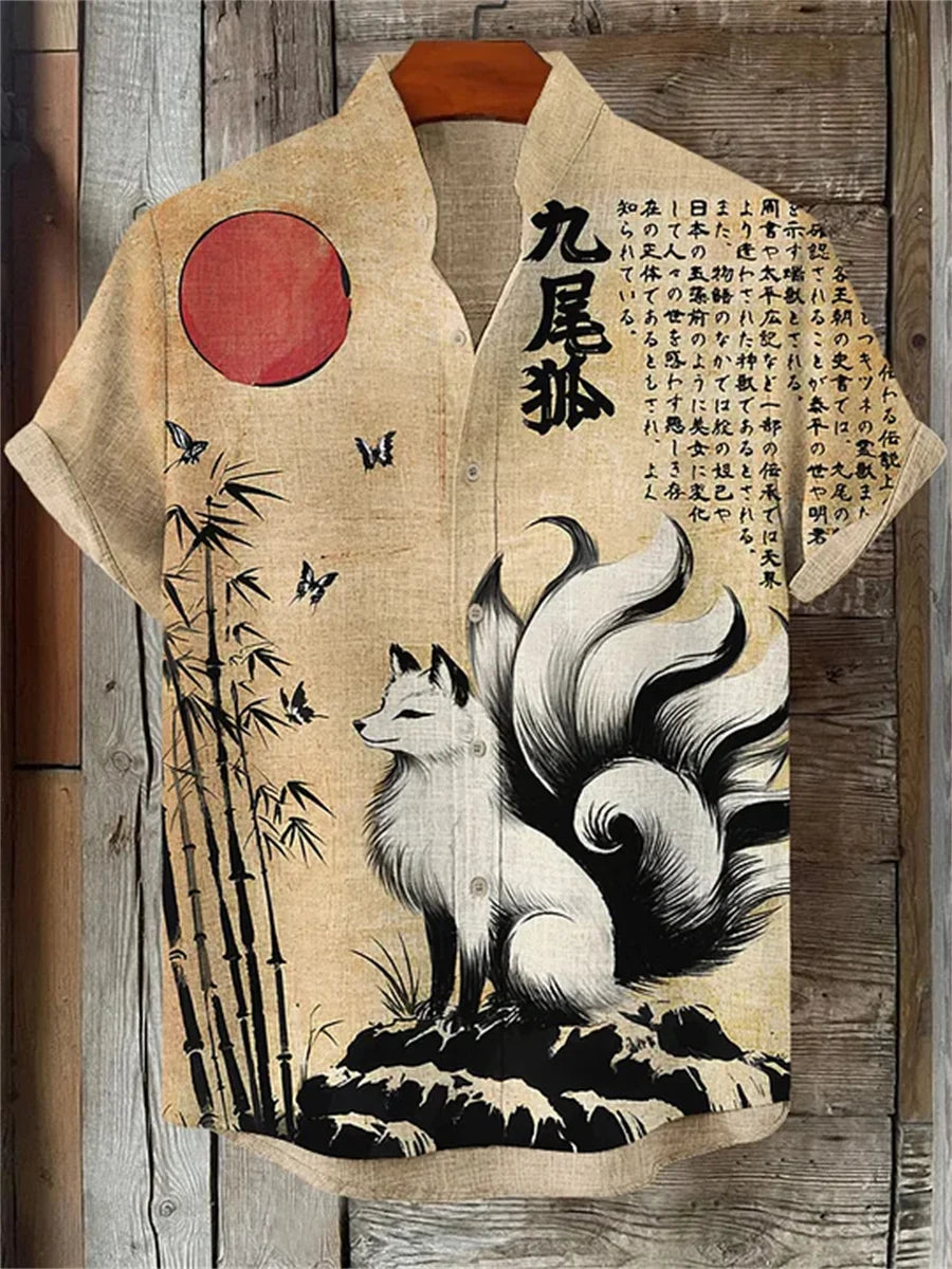 Men's short-sleeved shirt with samurai print and stylish ink painting design, summer casual men's top, trendy retro streetwear.