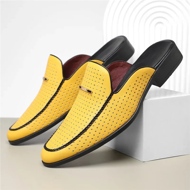 Men's Yellow White Black Half Slippers Driving Shoes 2025 New Casual Patent Leather Mules Loafers Zapatos Hombre