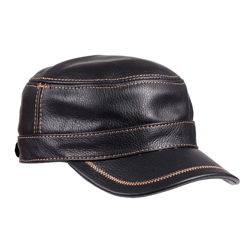 Hat Men Winter Male Genuine Leather Quality Cowhide Casual Thin Flat Top Cap Hombre Black Brown Solid Color Trucker Casquette