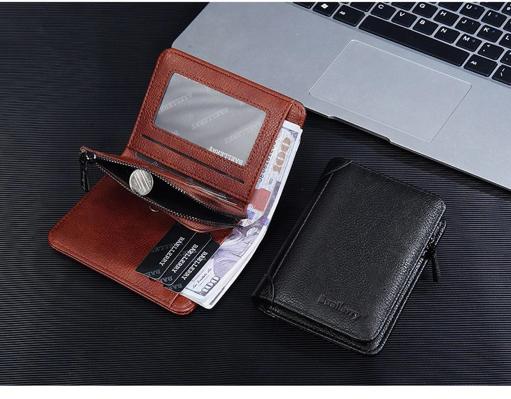 Vintage Leather Wallet for Men Baellerry RFiD Blocking Short Bifold Wallet with Zipper Closure and Coin Pocket Small Mens Purse
