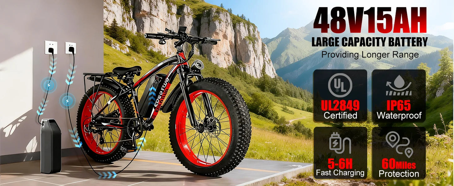 1500W Electric Bike 48V 15Ah Battery 26" 4.0 Fat Tire Ebike 34MPH High Speed Mountain Bicycle Off-Road Snow Bike for Adults