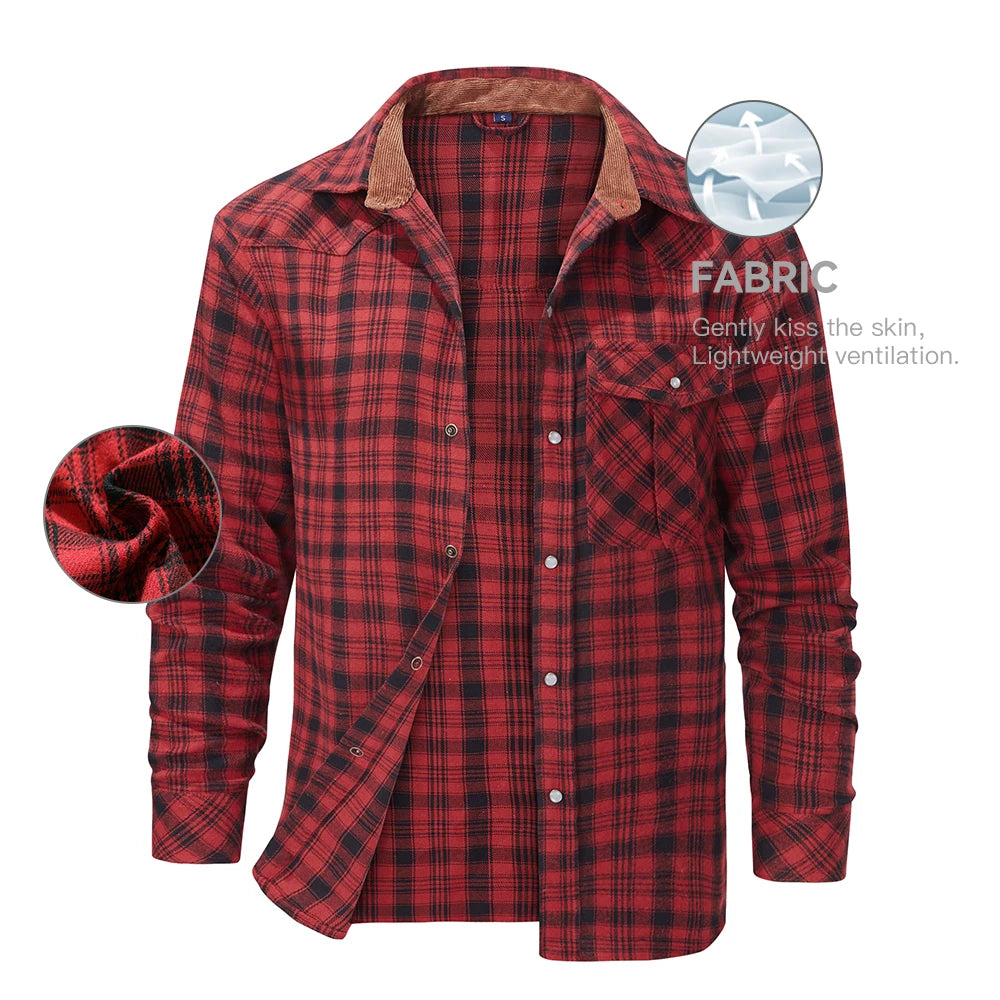 Men's Shirts Spring Flannel Long Sleeve Plaid Checkered Brushed Casual Western Cowboy Pearl Snap Shirt Popular Clothes US Size