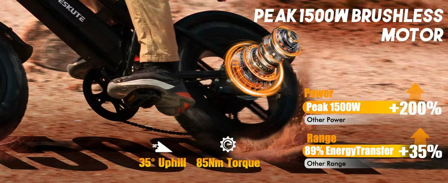 Eskute V100 Electric Bike, 1500W Peak 28MPH 48V13Ah Motorcycle, 16"x4" Fat Tire 7-Speed Dual Suspension E-Bike, 1 Year Warranty