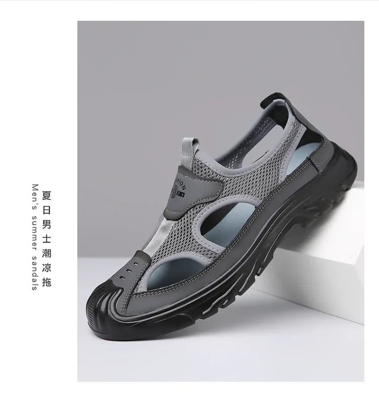 2025 Summer Beach Sandals for Men New Hollow Men's Sandals Outdoor Breathable Mens Bag Head Mesh Casual Shoes Zapatillas Hombre