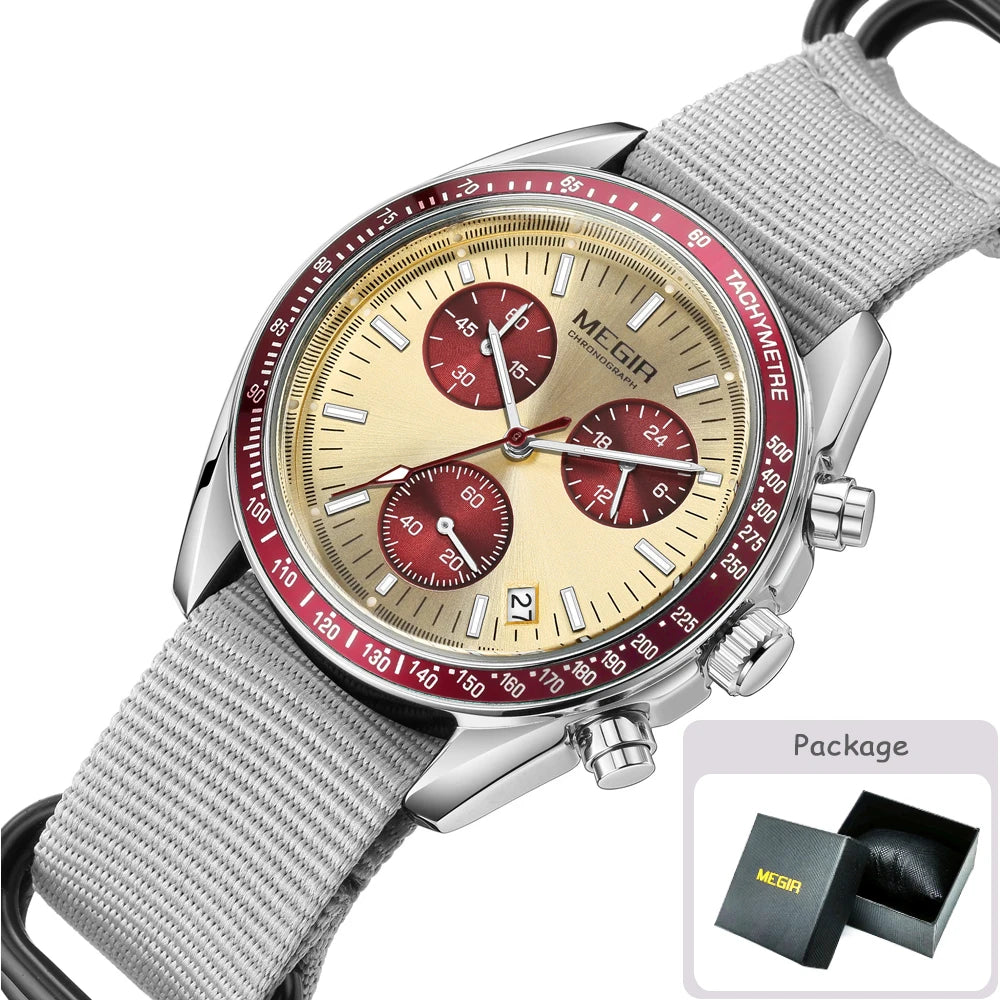 MEGIR New Luxury Men's Watches Canvas Weaving Strap Sport Automatic Chronograph Quartz Waterproof Wristwatch for Male 2247