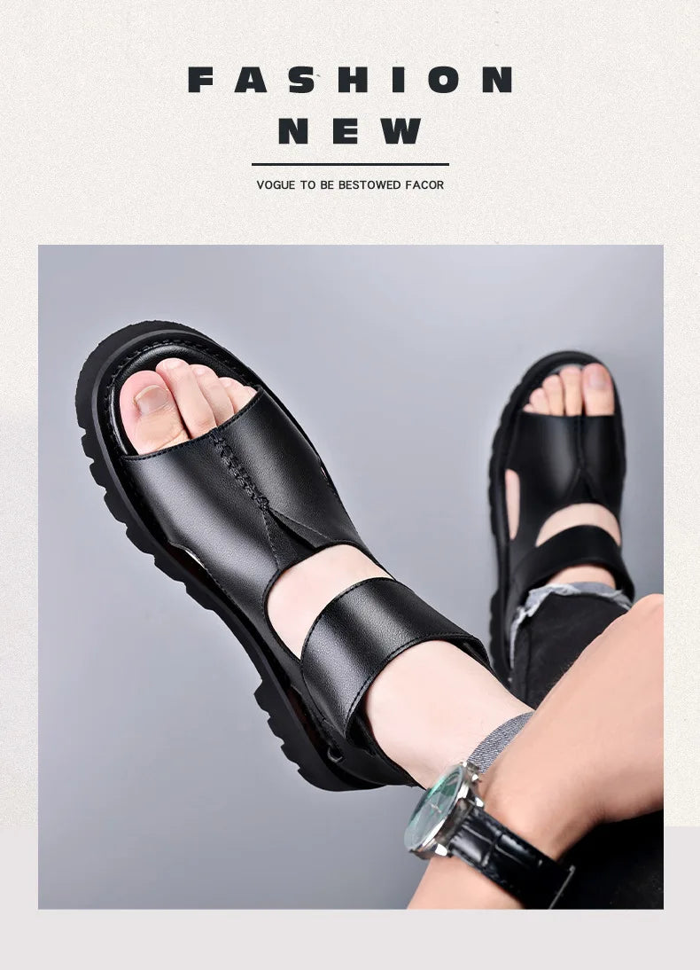 Cow Leather Sandals for Men 2025 Summer New Designer Big Size Increase Roman Beach Shoes Male Fashion Casual Black Sandals Man