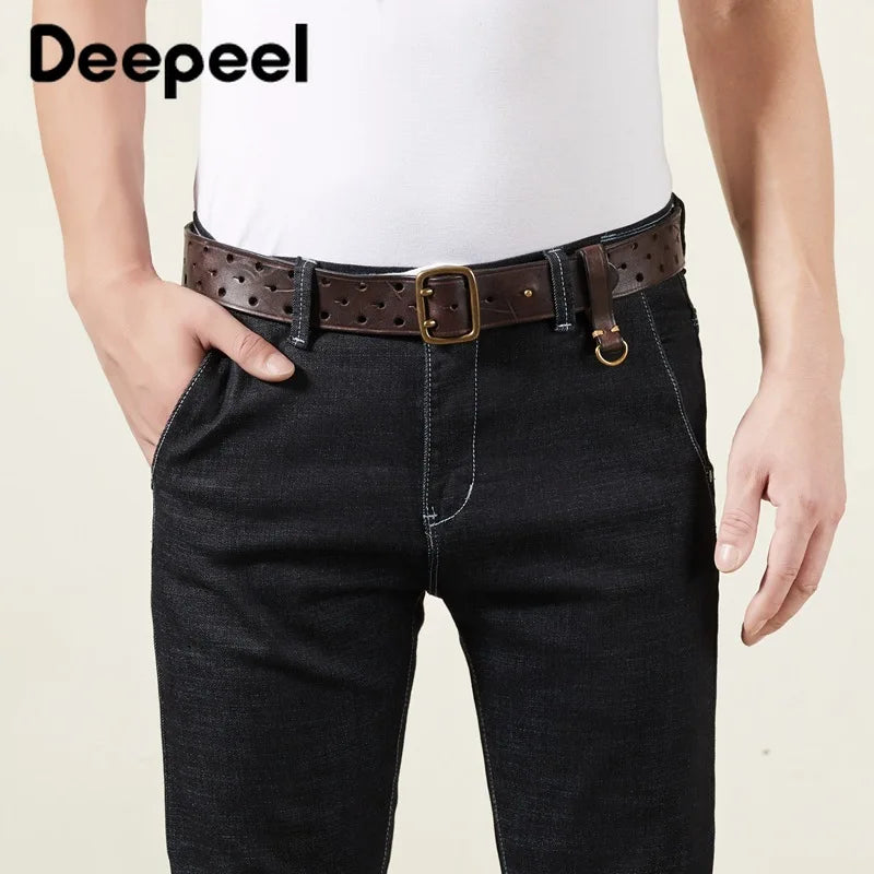 Pure Cowhide 3.8cm Wide Genuine Leather Belt for Men Double Pin Buckle Male Jeans Belts Top Quality Luxury Gift Waistband