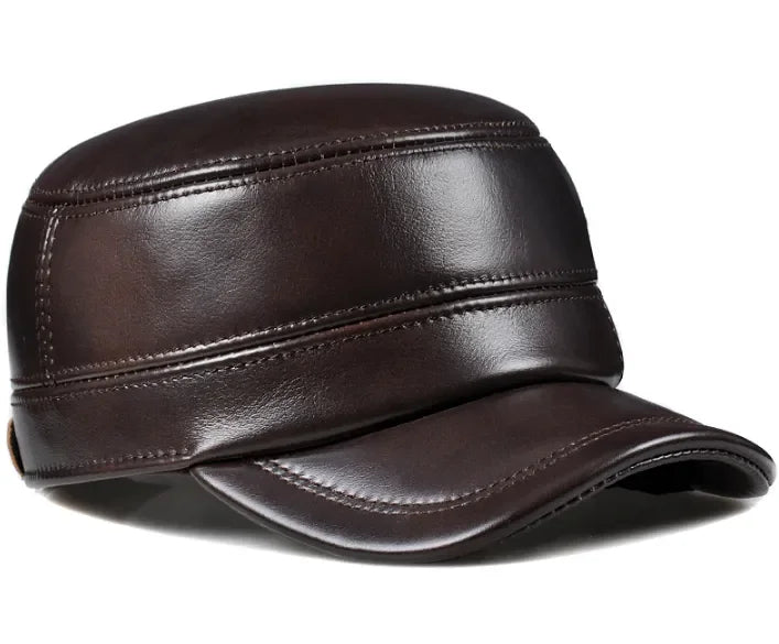 Winter Genuine Leather Cap Men's Flat Caps  Military Hat Elegant Man Baseball Cap British Vintage Cowhide Ear Warm Hat