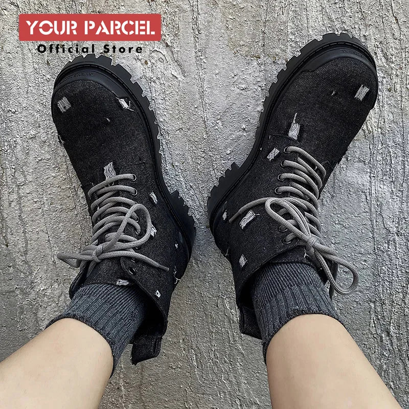 Mating boots for men new design black washed denim canvas short boots distressed style thick soled shoes Street Style