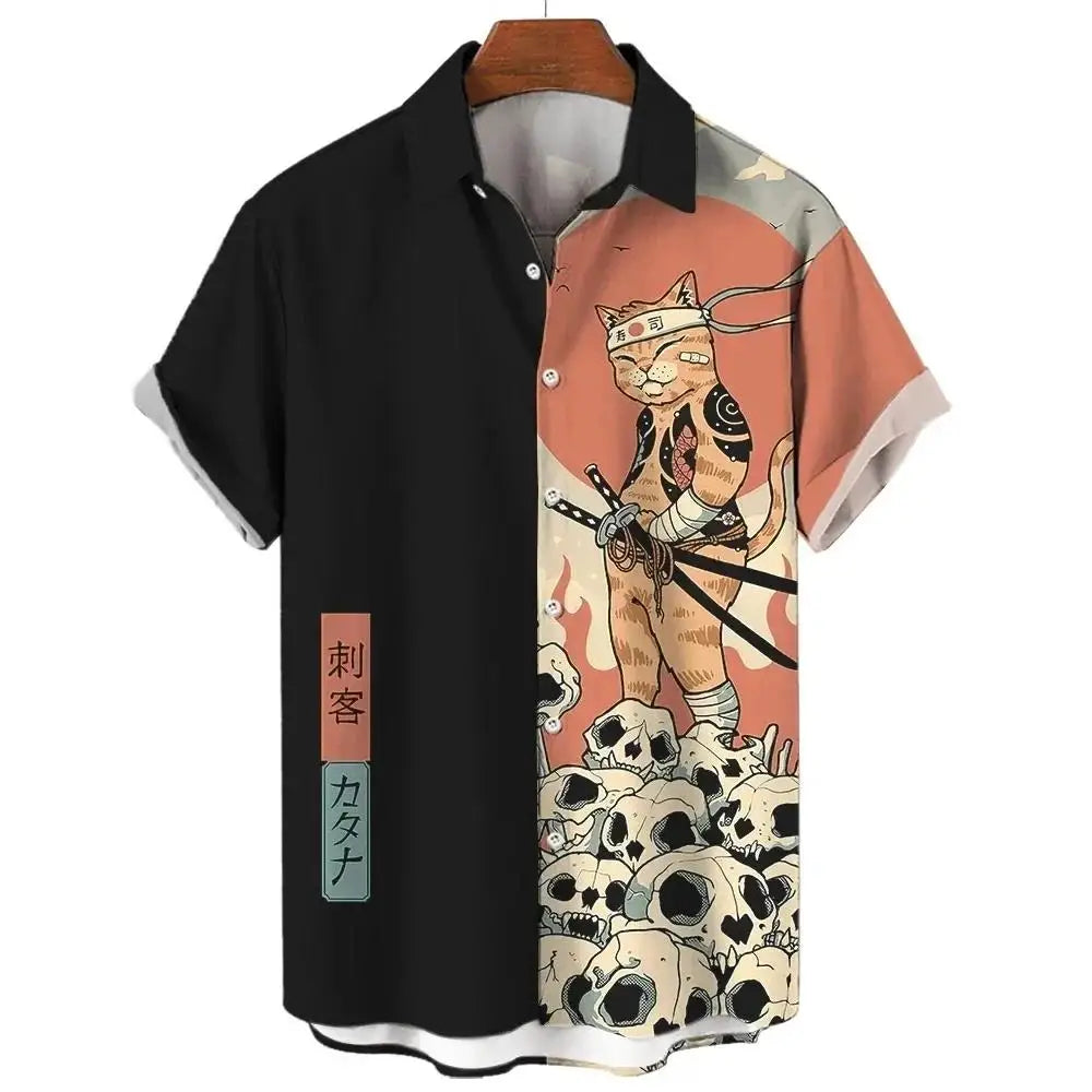 Fashion Men's Clothing Cool Samurai Cat Tops Summer New Men's Clothing Casual Short-Sleeved Anime Loose Blouse Hawaii Beaches