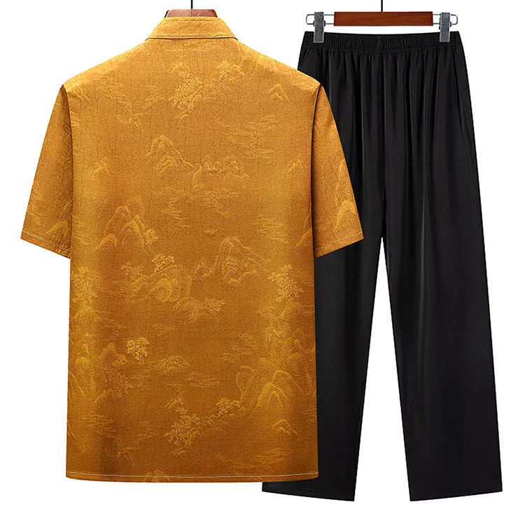 (Shirt + trousers) 2025 summer new fashion men shirt short sleeve shirts mens sets High quality shirts male Two Piece M-4XL