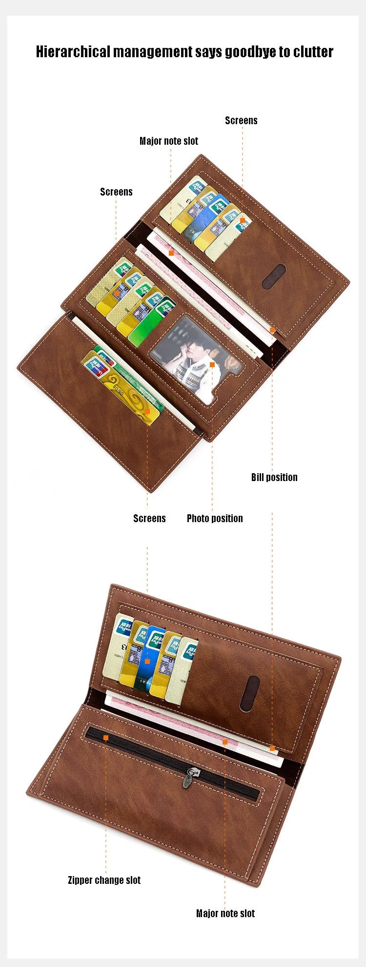 Men's Leather Wallet ID Card Holder Purse Checkbook Long Clutch Bifold Business Money Bag Man Wallets Cartera Hombre Carteras