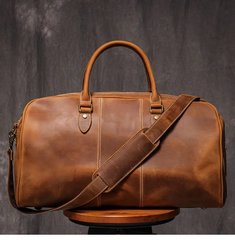 Leathfocus Men's Head Cowhide Travel Tote Crazy Horse Leather Crossbody Bag Women Camping Luggage Bag 14" Laptop Travel Bag