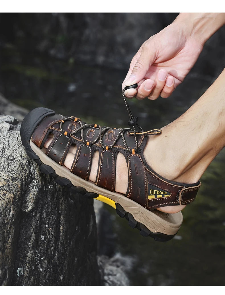 Summer Genuine Leather Men's Sandals Classic Breathable Slip-On Sandals Men Outdoor Casual Beach Sandals Sneakers Plus Size 46