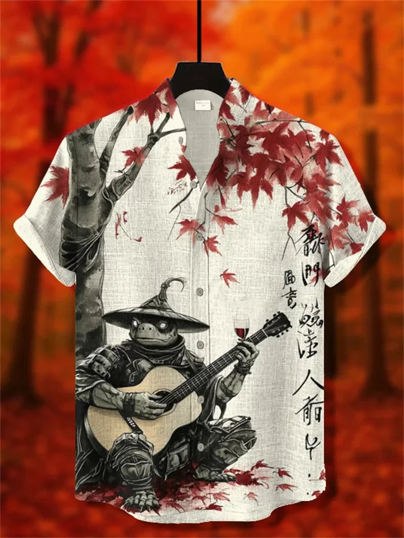 Men's Fun Black Cat Warrior Art 3D Animal Printed Casual Shirt Summer Men's Short sleeved Shirt Hawaiian Top