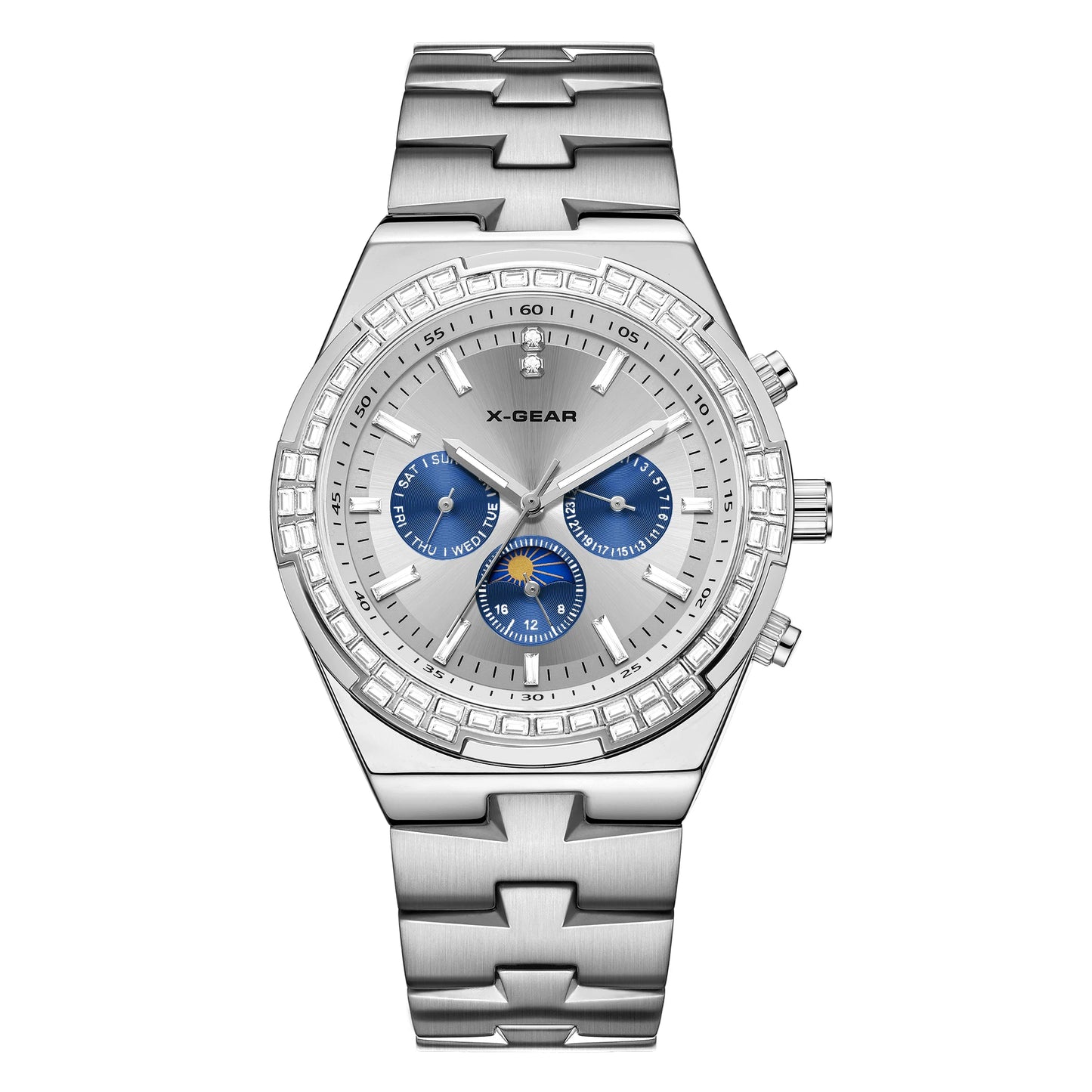 X-GEAR Men's Multifunctional Mechanical Watch with Stainless Steel Strap Calendar Feature Waterproof Night Light