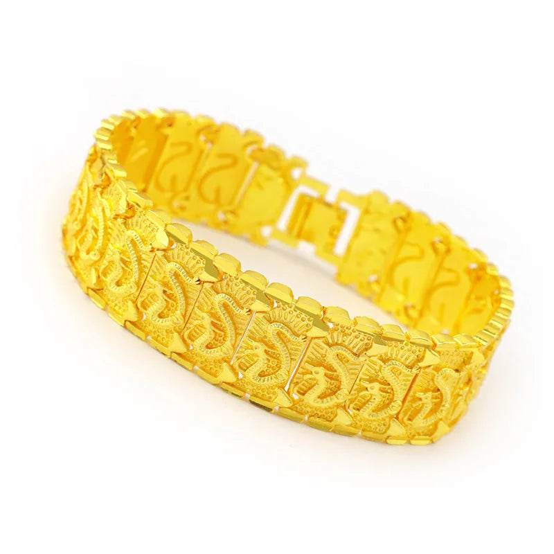 24k Yellow Gold Color Watch Bracelet for Men Dragon Pattern Male Gentleman Bracelet Hand Chain Wedding Engagement Jewelry Gifts