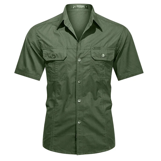 Summer men's thin short sleeved shirts, men's outdoor work clothes, multi bag half sleeved tops, pure cotton washed shirts