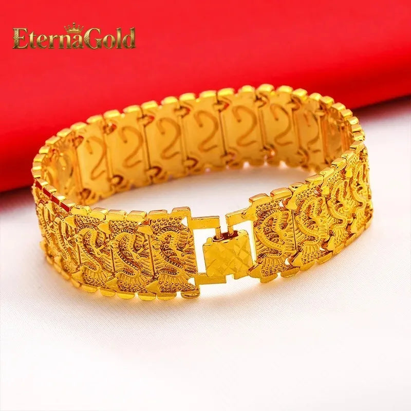 EternaGold Men's 24K Gold (AU999) Overbearing Long Dragon Watch Chain | Gold-inlaid dragon eyes, hammered dragon bone with adjus