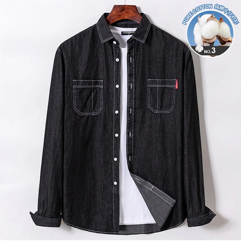 New men's long-sleeved shirt 100% cotton denim spring/summer casual non-ironing high quality breathable plus size solid color