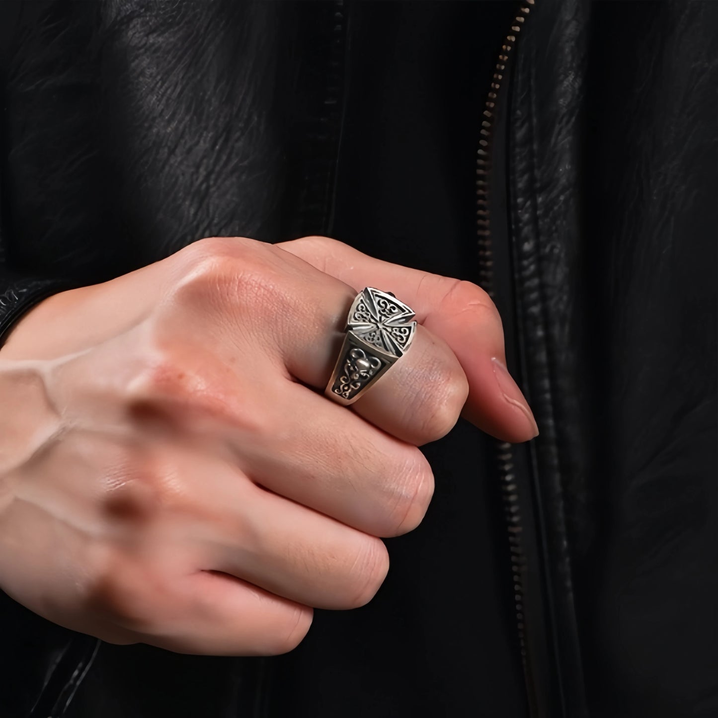 Retro Croix de Guerre Rose Pattern Adjustable Open Ring For Men Silver-plated Copper Punk Gothic Edgy Jewelry Accessories Gift