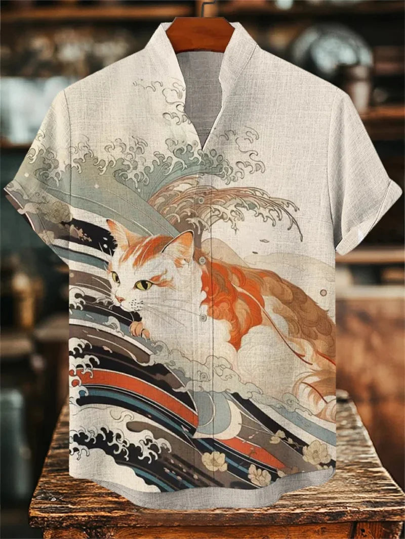 New Men's Linen Black Cat Art Shirt 3D Printed Casual Hawaiian Shirt Summer Men's Short Sleeve Shirt Beach Top