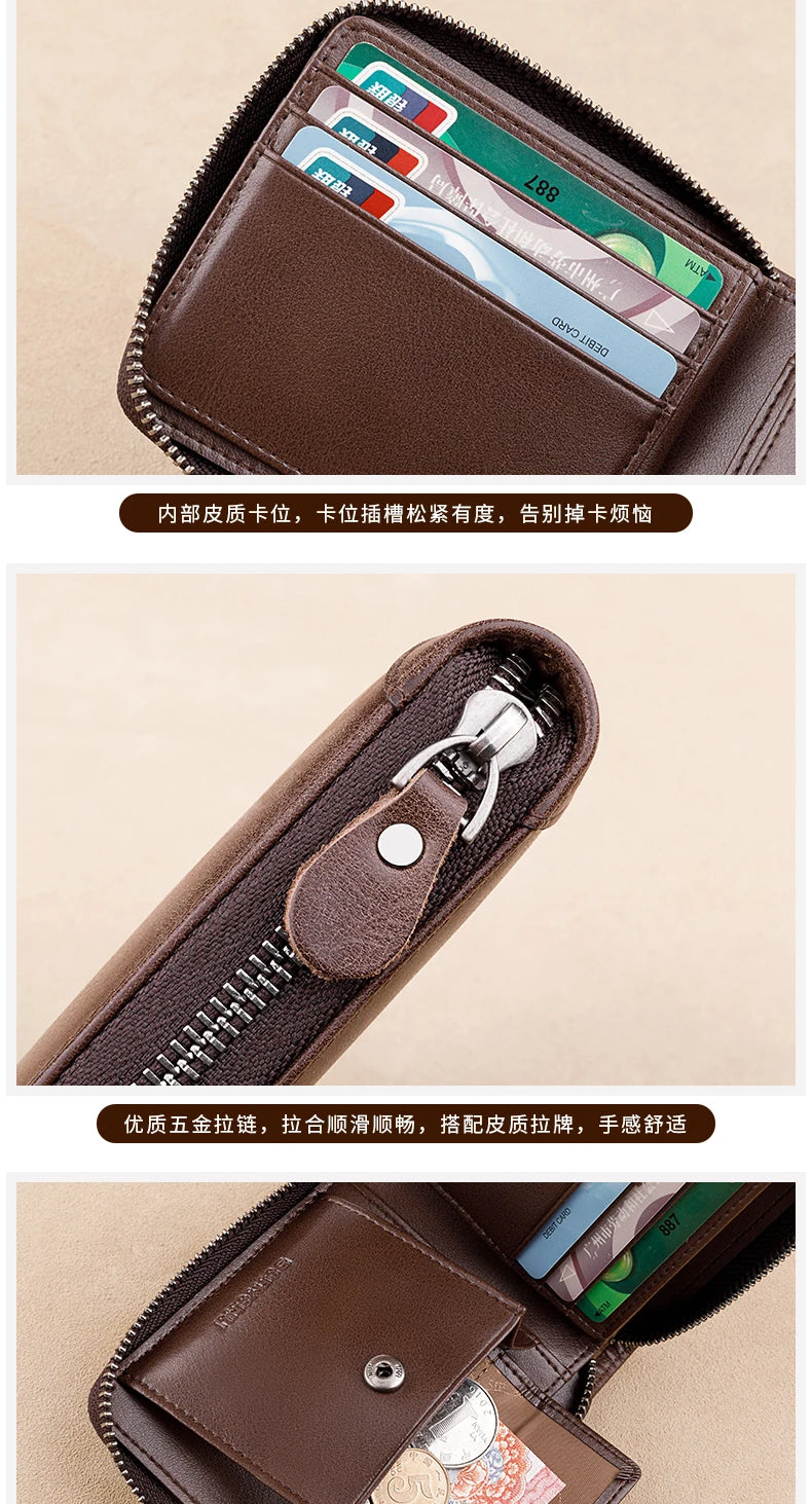 Fashion Genuine Leather Wallet For Men Zipper Complete Closure Wallet Driving License Credit Card Holder Coin Bag Men's Wallet