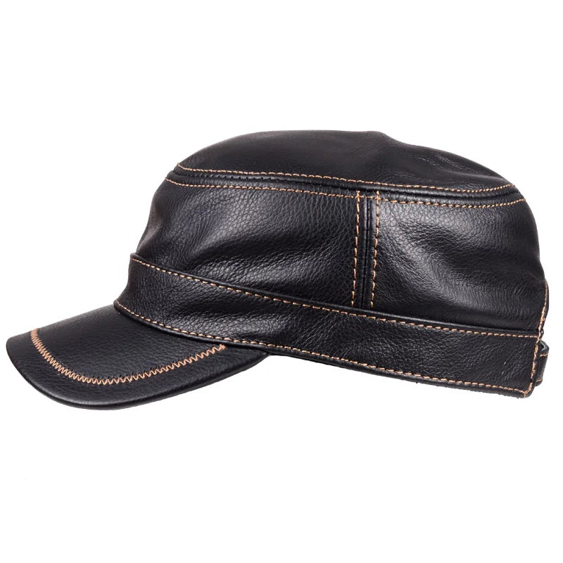 Hat Men Winter Male Genuine Leather Quality Cowhide Casual Thin Flat Top Cap Hombre Black Brown Solid Color Trucker Casquette