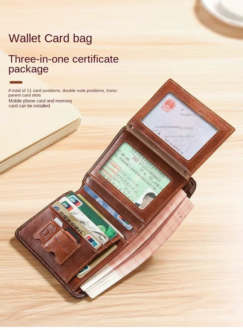 Men Wallet Genuine Leather Rfid Blocking Trifold Wallet Vintage Thin Short Multi Function ID Credit Card Holder Male Purse Money