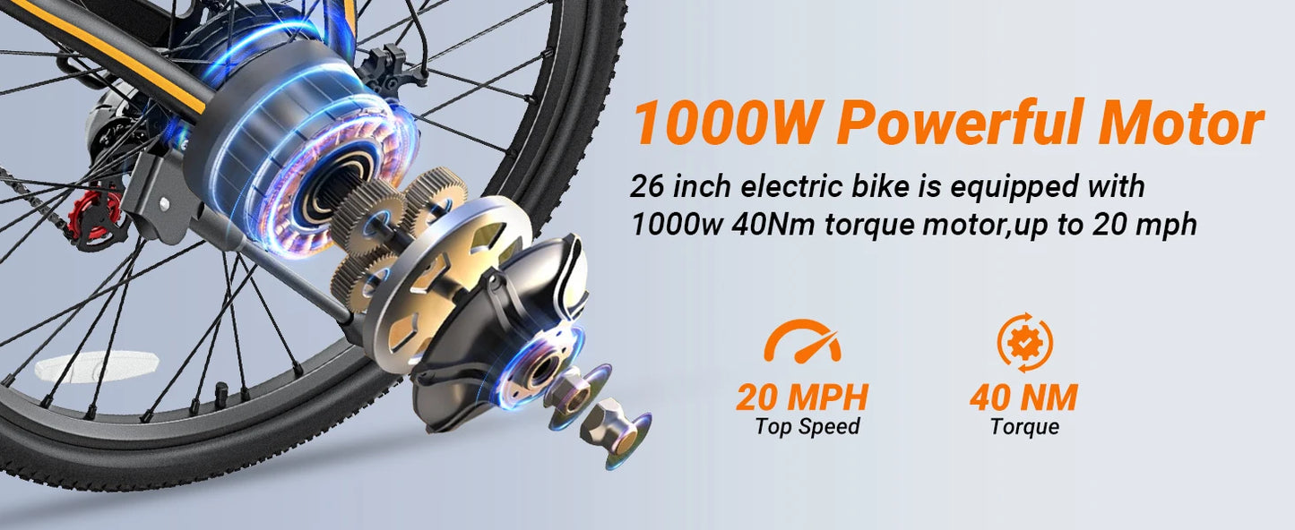 【1 Year Warranty】M26 Electric Bicycle 1000W Peak Motor 360WH Lithium Battery Electric Bike  26 Inch city E-bike UL2849