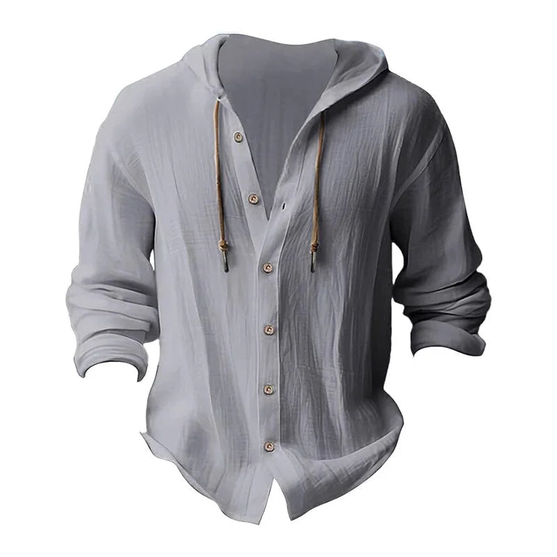 Men's Beach Casual Shirts Cotton Linen Hooded Long Sleeve Shirt Man Fashion Loose Solid Button Cardigan Streetwear Tops Clothing