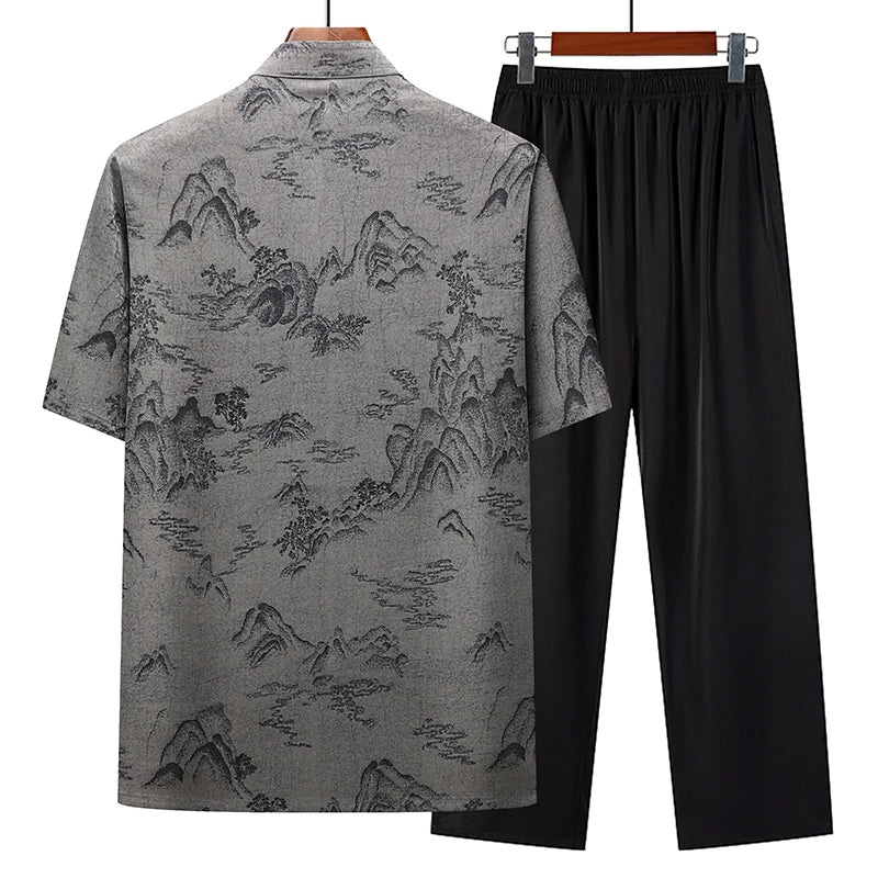 (Shirt + trousers) 2025 summer new fashion men shirt short sleeve shirts mens sets High quality shirts male Two Piece M-4XL