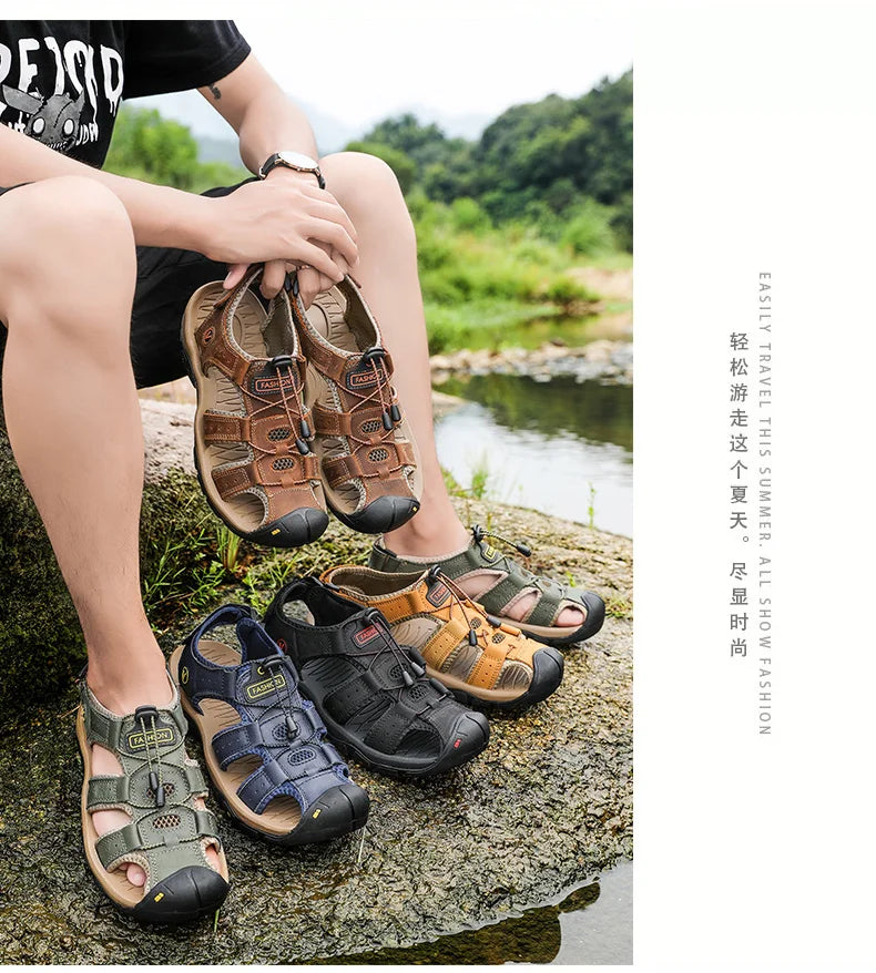 Summer Men Sandals Genuine Leather Mens Casual Shoes Outdoor Men Leather Sandals for Men Beach Shoes Roman Shoes Plus Size 38-48