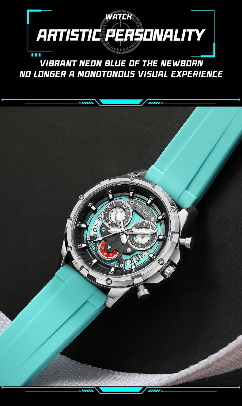 MEGIR New Sport Watches for Men Fashion Chronograph Quartz Wristwatch with Silicone Strap Luminous Hands Calendar Waterproof