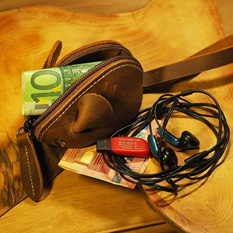 Cute Mini Mouse-Shaped Leather Wallet - Durable Brown, Zippered, Ideal for Men & Women, Perfect for Organizing Small Items