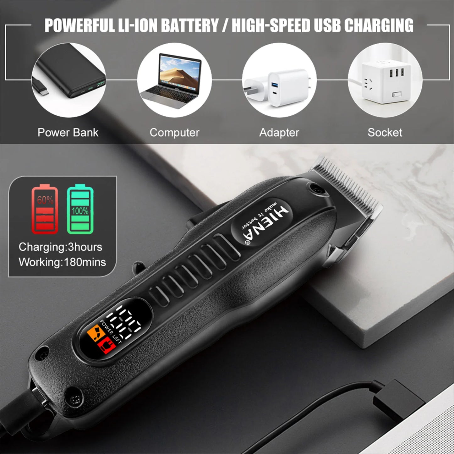 HYN-222 Professional Hair Clippers 5V1A Rechargeable Hair Trimmer Stainless Steel Blade Black Washable Head For Men Styling Tool