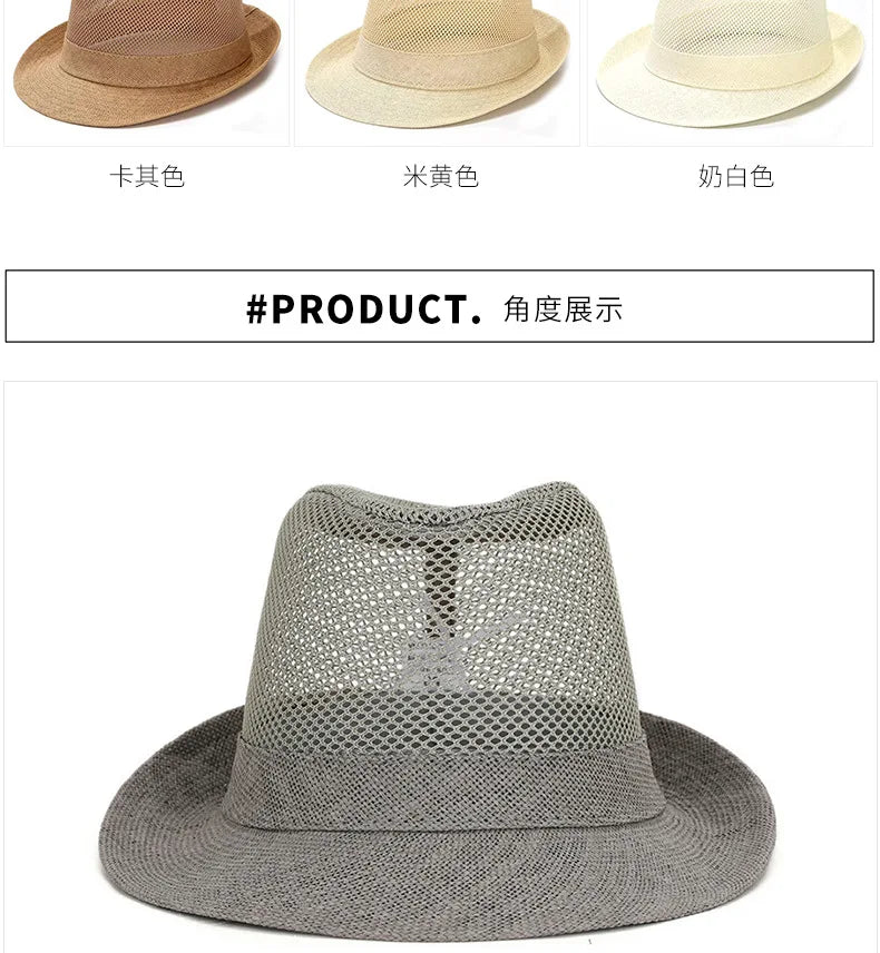 Wholesale Middle Aged and Elderly Male Summer Breathable Mesh Sun Caps Women Beach Trilby Straw Hat Big Head Men Party Fedora