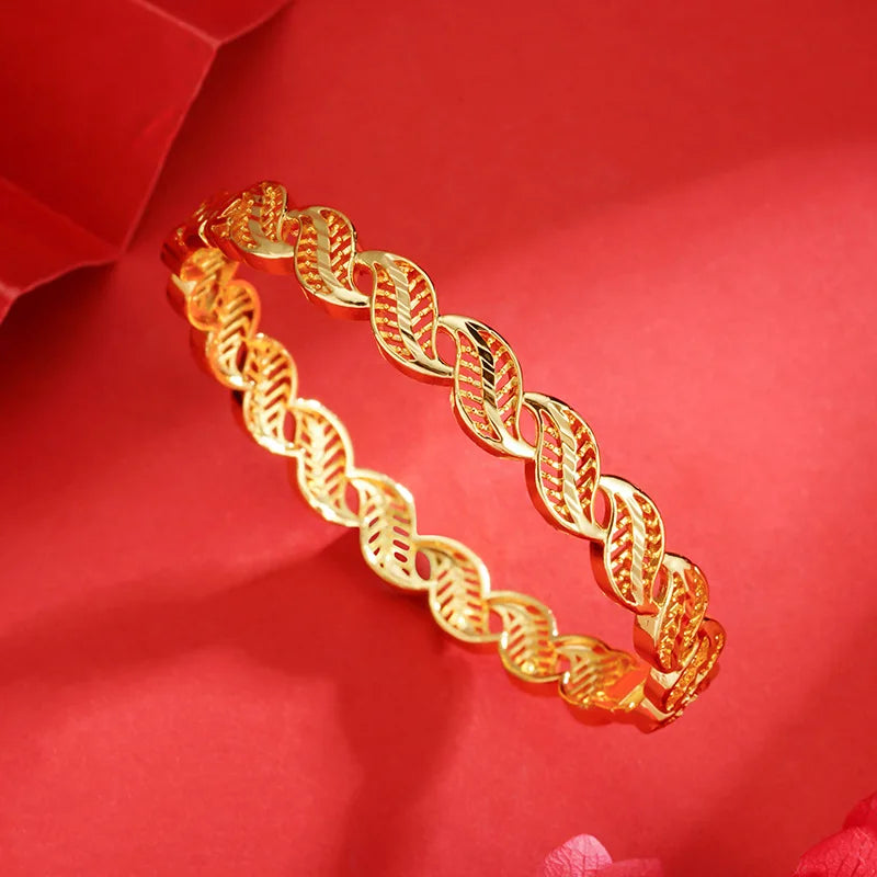 Goldpure Luxury 24K 9999 Pure Gold real gold Women's Leaf Bracelet Hollow Twist Buckle Bracelet