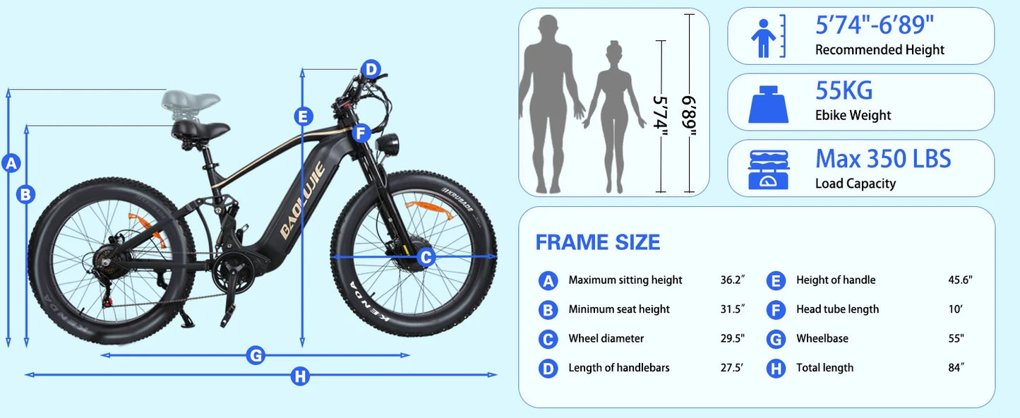 BAOLUJIE 1200W/5000W Ebike Mountain Ebike Fat Tire 48V/52V Battery Electric Bicycle Max 38MPH Electric Bike for Adults Off-road